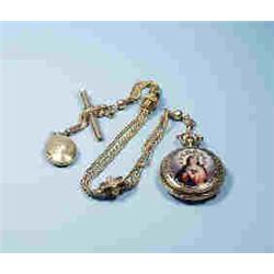 A very fine antique French enamelled pocket watch with an 18kt gold chain, locket and attachments. H