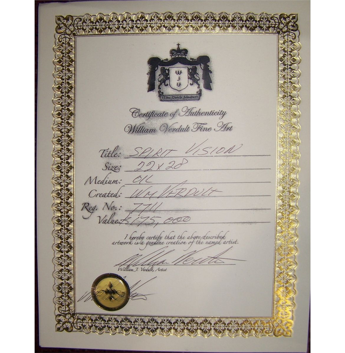 What Is 3 Of 175000 WILLIAM VERDULT "SPIRIT VISION" WITH C.O.A PREVIOUSLY VALUED $175,000