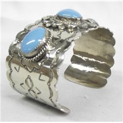 Navajo Coin Silver Turquoise Bracelet - L Yazzie
