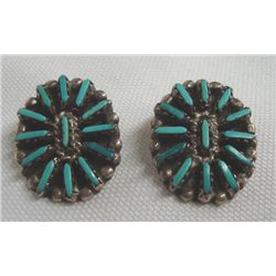 Zuni Sterling Needlepoint Turquoise Clip Earrings
