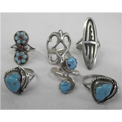 6 Navajo Zuni Sterling Turquoise Rings