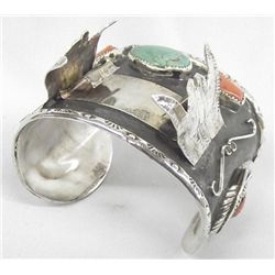 Navajo Sterling Turquoise Coral Large Watch Cuff