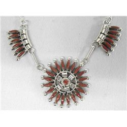 Zuni Silver Needlepoint Coral Pendant Necklace