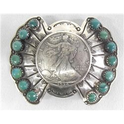 Navajo Turquoise Coin Silver Buckle Buffalo Dancer
