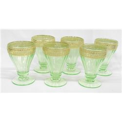 6 Cambridge Gold Trim Footed Vaseline Glasses