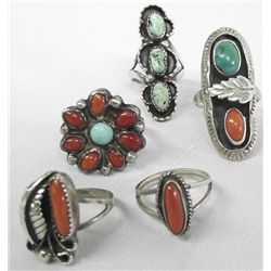 5 Navajo Silver Turquoise Coral Rings