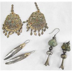 3 Pair Estate Silver Brass Turquoise Earrings