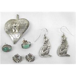 Sterling Silver 3 Earring Pr and Heart Pendant