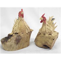 Carved Wooden Rooster & Hen Sculptures