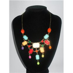 152CTW MULTICOLOR OCTAGON-OVAL BRASS NECKLACE;18INCH