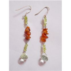 NATURAL 16.80 CTW PERIDOT, CORAL, SEMIPRECIOUS EARRING