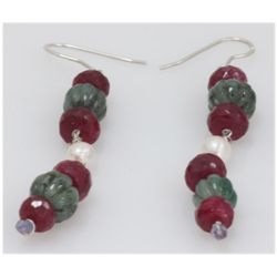 NATURAL 42.50 CTW PEARL, EMERALD, RUBY EARRINGS .925 ST