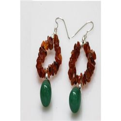 Natural 52.25ct Coral,Emerald Earrings .925 Sterling