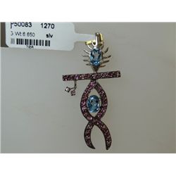 33.25 CTW PINK TOURMALINE AND BLUE TOPAZ PENDANT .925 S