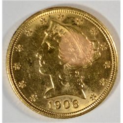 1906D $5 Gold   AU55  est  $450-$460