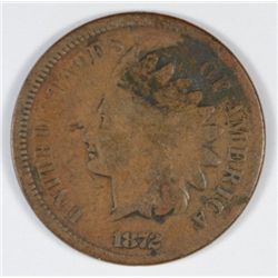 1872 INDIAN ONE CENT VG, KEY DATE