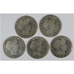 5- DIFFERENT BARBER HALF DOLLARS GOOD ( 11-S, 12, 12-D, 12-S, 13-D)