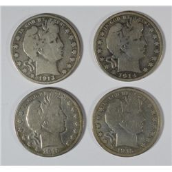 4- DIFFERENT BARBER HALF DOLLARS GOOD (13-S, 14-S, 15-D, 15-S)