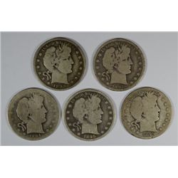5-DIFFERENT BARBER HALF DOLLARS (93, 94-O, 94-S, 95, 95-S)