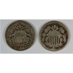 1866 W/ RAYS VG & 1867 W/RAYS AG SHIELD NICKELS