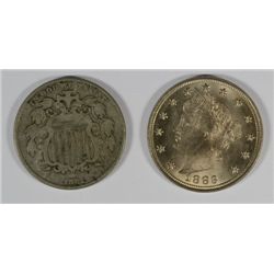 1882 FINE SHIELD NICKEL & 1883 N/L GEM UNC V-NICKELS