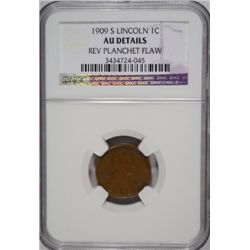1909S  Lincoln penny  NGC AU reverse planchet flaw MINT ERROR