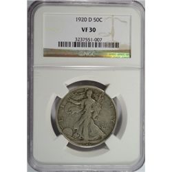 1920-D WALKING LIBERTY HALF DOLLAR NGC VF-XF 30 NICE