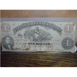 1862 $1 VIRGINIA TREASURY NOTE HAND SIGNED & #'ED