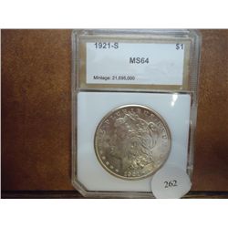 1921-S MORGAN SILVER DOLLAR PCI MS64