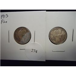 1913 (FINE) & 14 (FINE) BARBER DIMES
