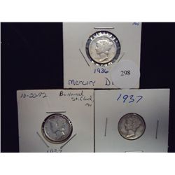 1936,37 & 37 MERCURY DIMES 3 COINS