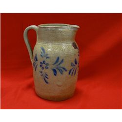 Salt glazed pitcher blue stenciled