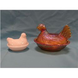 2- hen on nest, milk & carnival glass, small chips on both