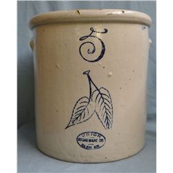 5 gal RW crock birch leaf w/ handles, small chip outside lip