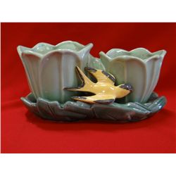 McCoy double flower pots, w/ songbird, 10"l x 5"h x 5.5"w