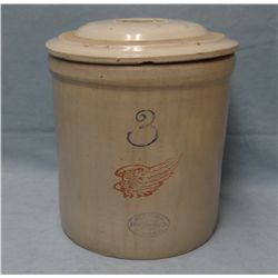 3 gal RW crock 4"wing, near mint, lid, chips on rim