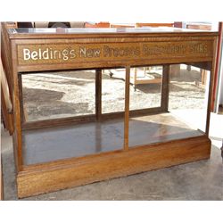 Oak display counter, “Beldings Silks”, glass top, 6 drawers, needs some glass, 5’l x 4’h