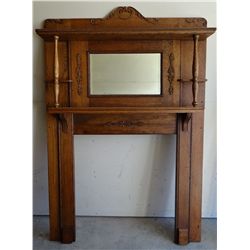 Oak fireplace mantel, bev. mirror, fancy carving, 80”h x 54”w