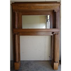 Oak fireplace mantel, bev. mirror, 84”h x 63”w