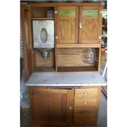 Sellers oak “hoosier-type”  kitchen cabinet w/ slag glass doors, flour sifter, sugar jar. Nice!
