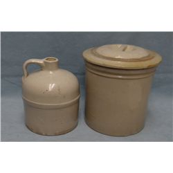 2 piece: 1/2 gal unmkd jug; 1 gal. unmkd crock w/ repaired lid