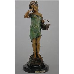 "GIRL WITH BASKET" BRONZE SCULPTURE - A. MOREAU