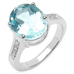 5.26 CARAT GENUINE BLUE TOPAZ & WHITE DIAMOND .925 STERLING SILVER RING