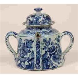 A Late 17th/Early 18th Century Dutch Delft Posset Pot and Cover, with  two handles and short spou...