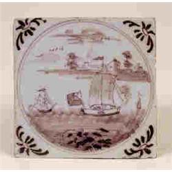 An 18th Century Tile, decorated in puce boats, and six other similar tiles See illustration (part...