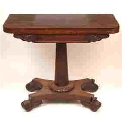 An Early Victorian Rosewood Card Table, on a lotus leaf mounted column and concave sided platform...