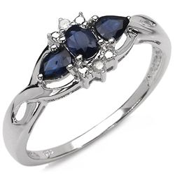 0.67 CARAT GENUINE SAPPHIRE & WHITE DIAMOND .925 STERLING SILVER RING