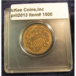 1500. 1864 U.S. Two Cent Piece. Slightly flat struck EF-AU with lots of luster. In a snaptight cases