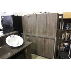 WOOD GRAIN RECEPTION COUNTER, CUPBOARDS, WASH STATION AND FOLDING CHAIRS