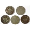 Image 1 : ( 5 ) DIFFERENT SHIELD NICKELS, 1866, 1867 NO/RAYS, 1868, 1869, 1882 AG/GOOD